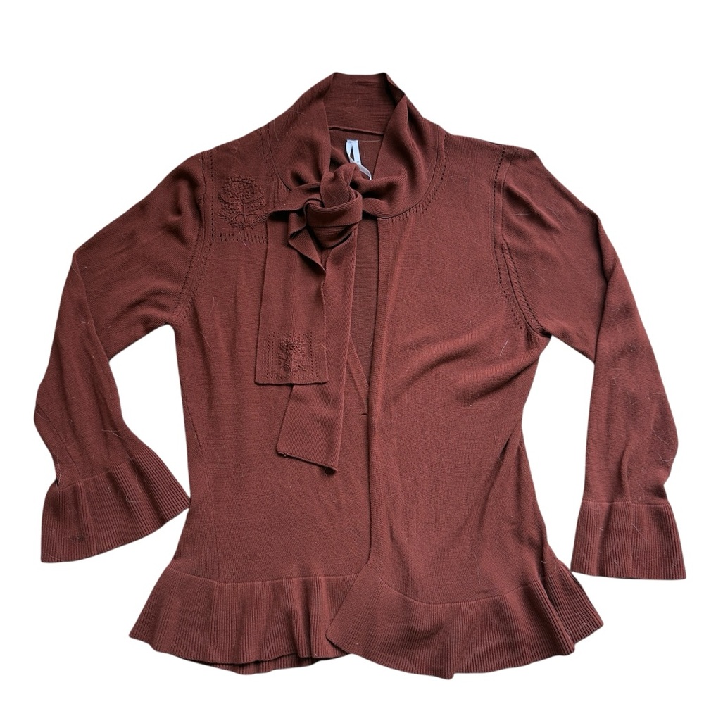 Max Studio Y2K Cropped Tie Neck Embroidered Ruffle Cardigan Brown Medium